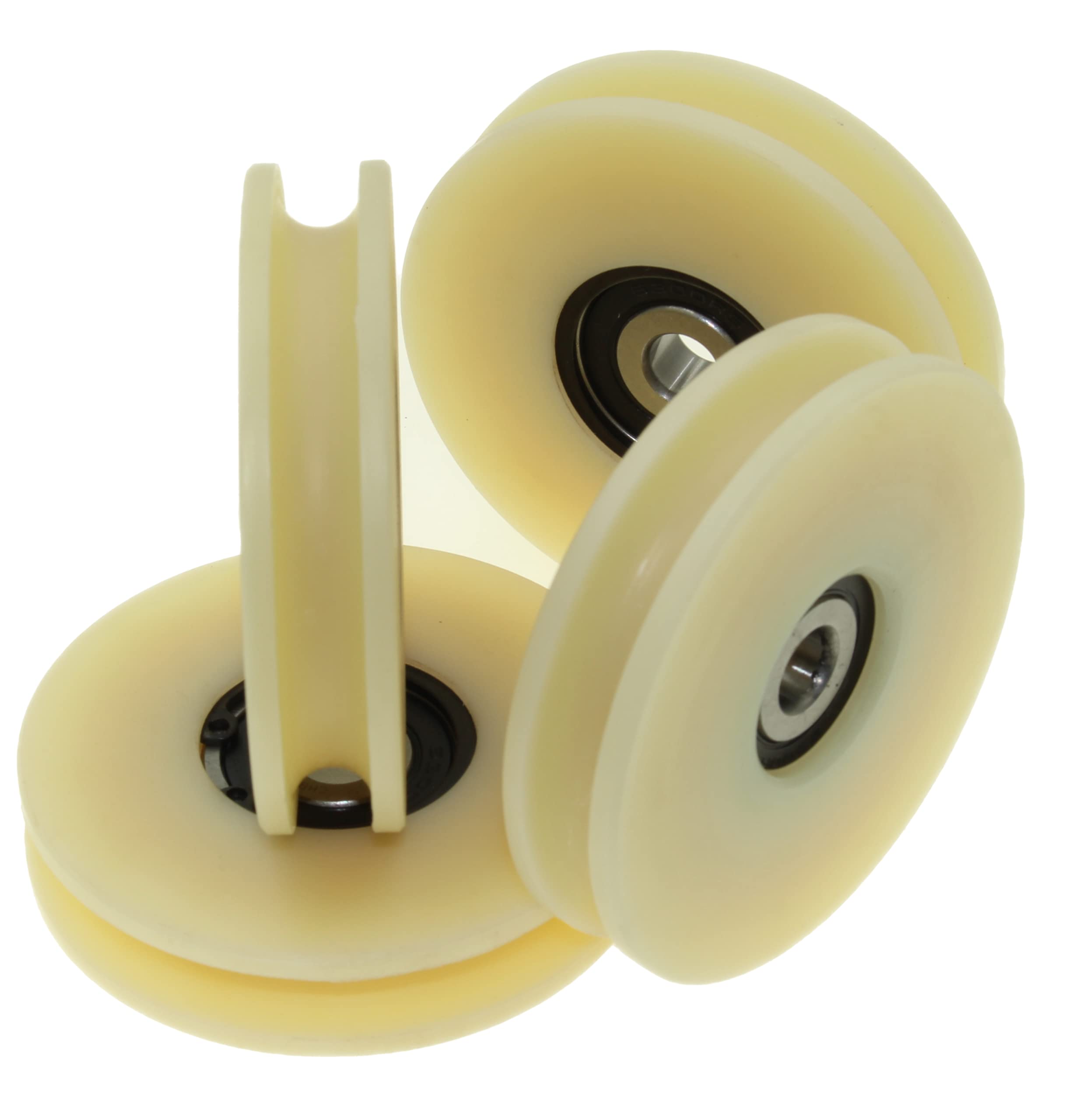 Pack of 4 x Nylon Pulley Wheels with 10 mm Round Groove 80 mm Diameter 10 mm bearing 100 kg Capacity Precisely Machined in the EU (80-10-10)