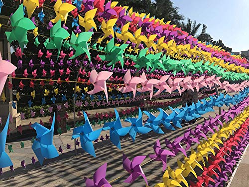 GeniusCells 9.5" Rainbow Plastic Wind Spinners Outdoor Hanging Yard Decorations Pinwheels Lawn Ornaments DIY Windmill Waterproof Patio Kinetic Art Garden Decor (Pack of 100) - Thumbnail 5