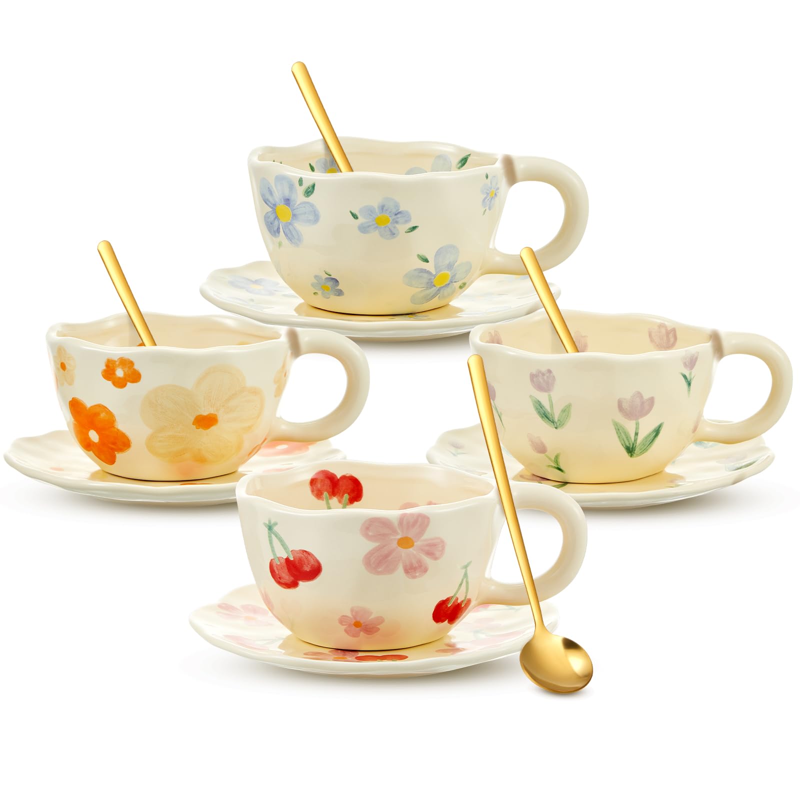 Photo 1 of Vesici 4 Pcs Ceramic Coffee Mug with Saucer Spoon 8.5 oz Flower Cup with Handles Floral Aesthetic Vintage Porcelain Cute Mug Set for Tea Latte Milk Office Home, Dishwasher and Microwave Safe, 4 Styles