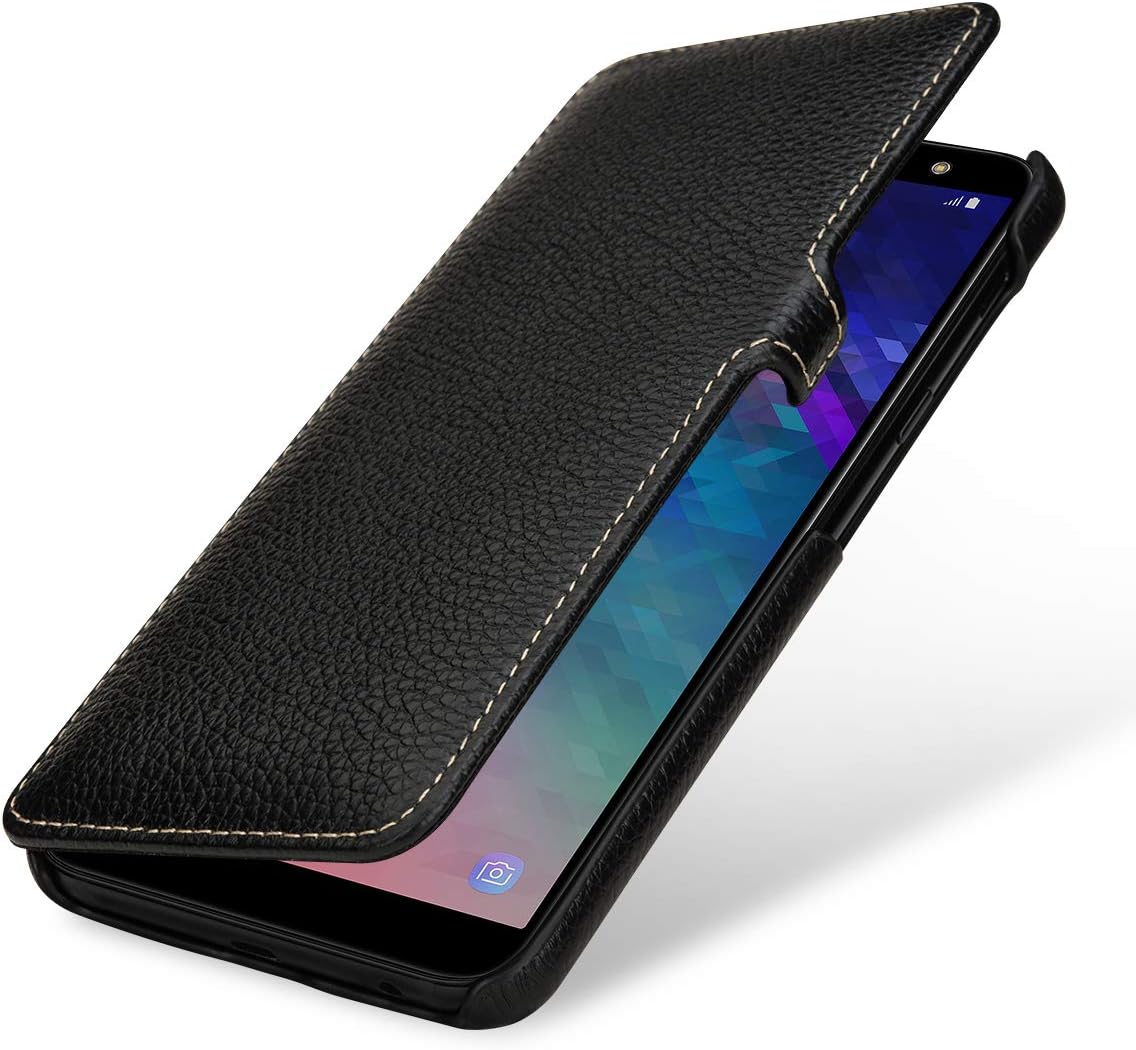 StilGut Book Type Flip Case for Galaxy A6 Plus/A6+ 2018, Genuine Leather Samsung Galaxy A6 Plus Case with Closure, Black