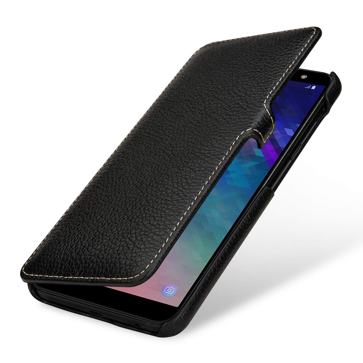 StilGut Book Type Flip Case for Galaxy A6 Plus/A6+ 2018, Genuine Leather Samsung Galaxy A6 Plus Case with Closure, Black