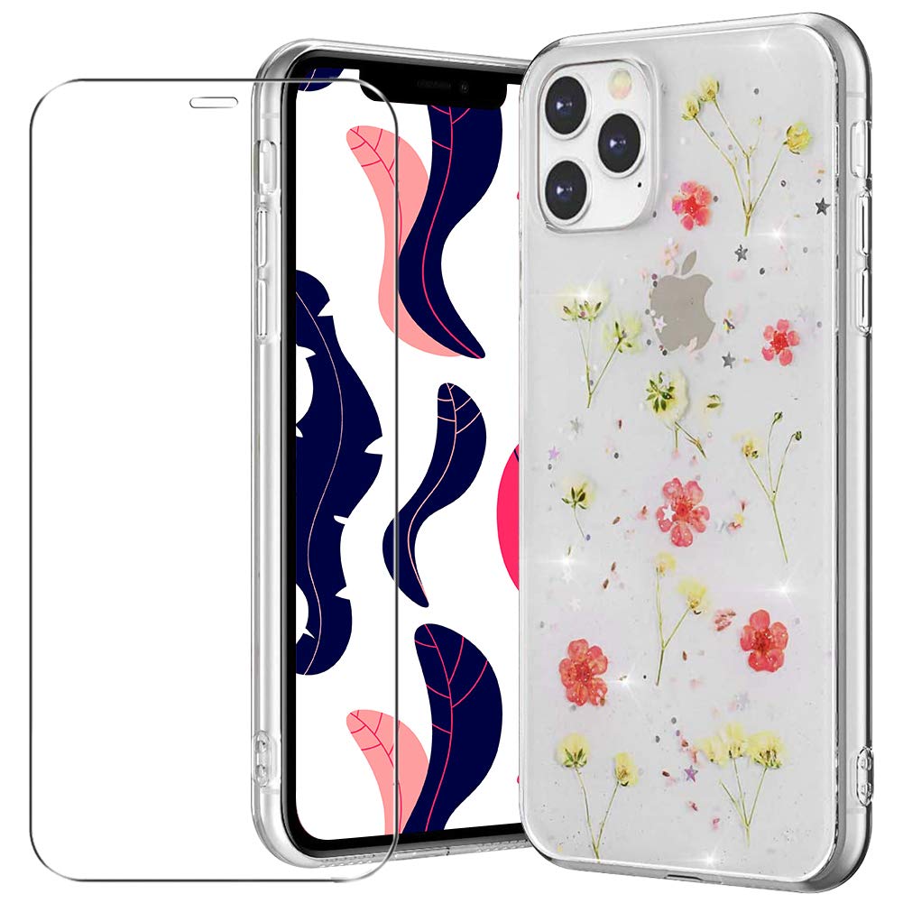 MadBee Compatible iPhone 11 Pro Case [With Tempered Glass Screen Protector], Bling Shiny Dried Flowers Clear Sparkle Glitter Soft TPU Silicone Gel Case Cover for iPhone 11 Pro 5.8 Inch - Red