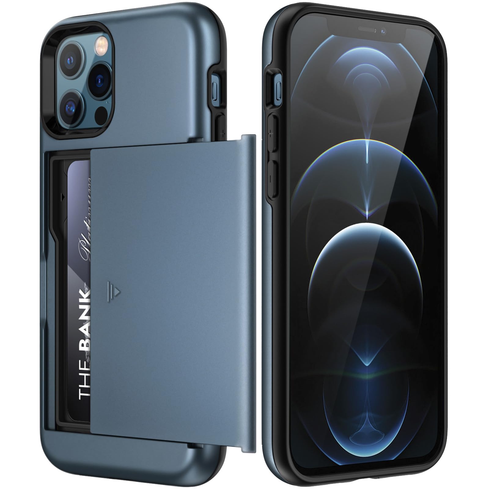 Photo 1 of JETech Wallet Case for iPhone 12/12 Pro 6.1-Inch with Card Holder, Dual Layer Shockproof Protective Phone Cover, Sliding Hidden Slot (Sea Blue)