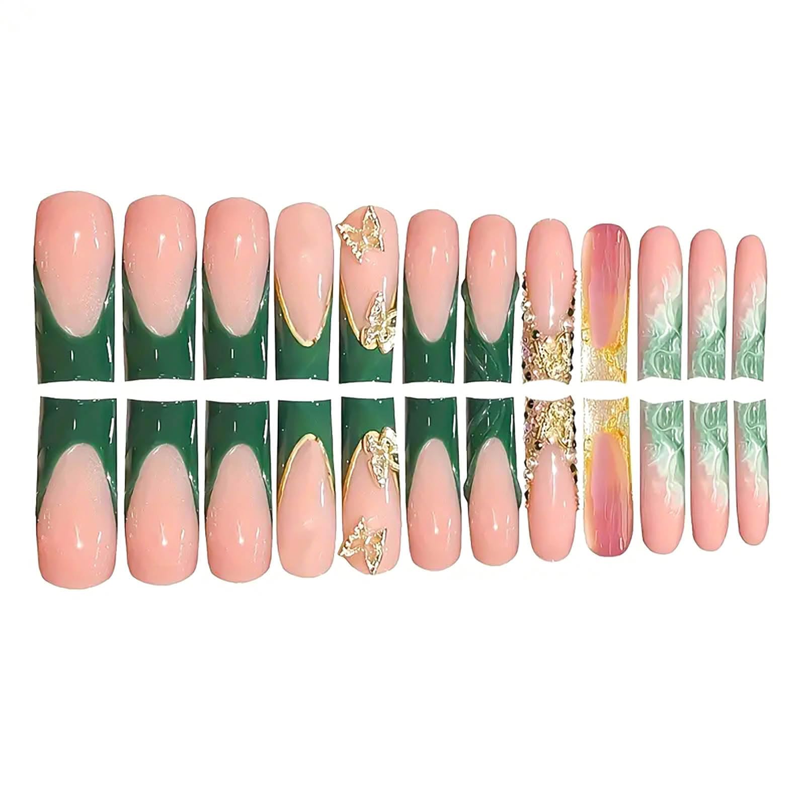RUOKEXIN Long Square Press on Nails Green French Tip Fake Nails Gold Glitter False Nails with Gold 3D Butterfly Designs Long Square Glue on Nails Sparkly Artificial Nails Cute Stick on Nails for Women - Image 4