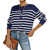 Womens Striped Henley Sweaters Soft Lightweight Long Sleeve Crew Neck Loose Fit Knit Pullover Tops