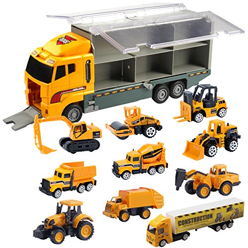 Oumoda Transport Car Carrier Truck Toy, Die-cast Construction Truck Vehicle Car Toy Set Matchbox Cars Gifts for Age 3 4 + Years Old Boys and Girls (Includes 10 Small Truck Toy and 1 Big Carrier Truck) - Thumbnail 7