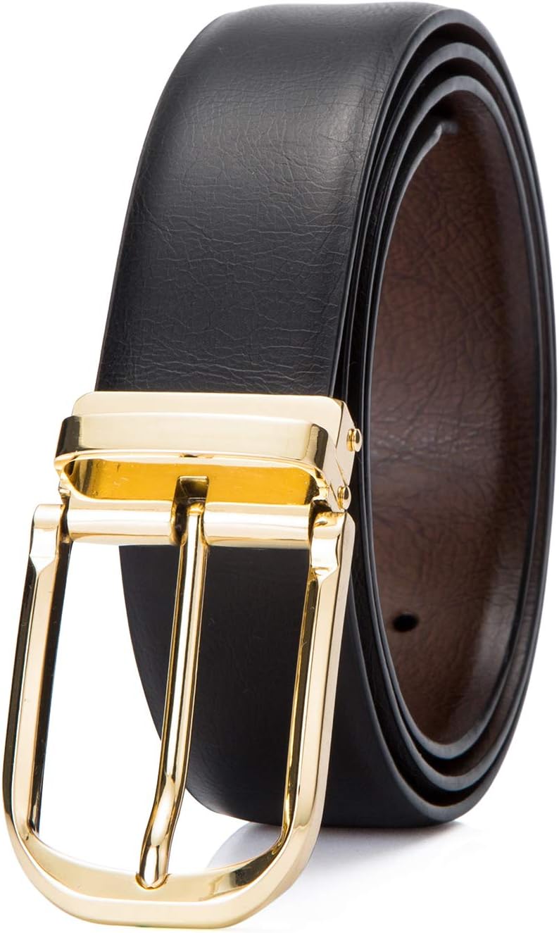 Men's Reversible Belt, Men Leather Buckle Belts, Casual Dress Belt with Single Prong Buckle, Trim Fit Adjustable Belt for Men, Cantaloupe Gold