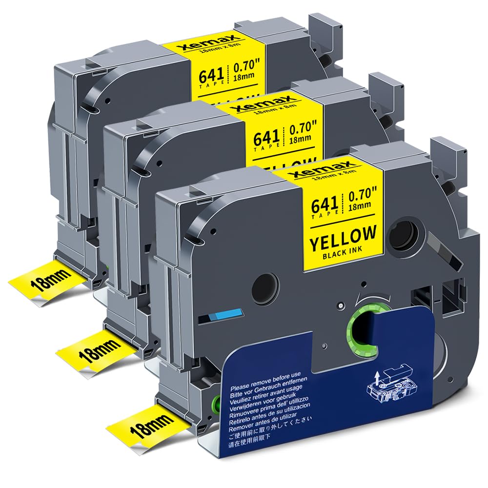 3X XemaX Compatible for Brother Label Printer Tape 18mm TZe-641 TZ-641 TZc-641 AZe-641 Label Tape for Brother P-Touch D400 P700 1830 D450 2100 E500VP D410 E550W P750W, Black on Yellow