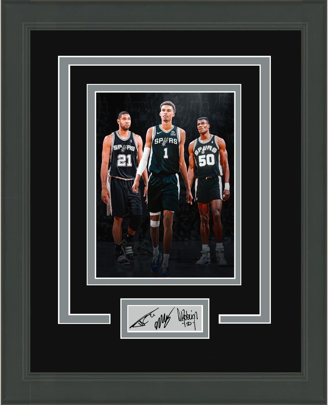 Photographs - Framed Victor Wembanyama Tim Duncan & David Robinson Facsimile Laser Engraved Signature Auto San Antonio Spurs 14x17 Basketball Photo