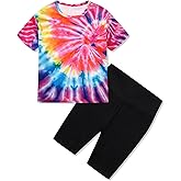 Girls Summer Outfits Cute Graphic Crewneck Short Sleeve T Shirts and Biker Shorts Set Colorful Athletic Outfit 4-12T
