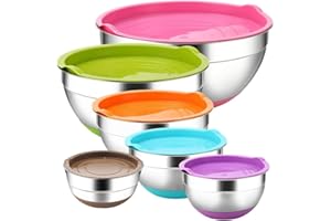 REGILLER Stainless Steel Mixing Bowls with Airtight Lids, 6 Piece Colorful Silicone Flat Base Nesting Metal Bowls, Measurement Lines for Cooking Supplies(Colorful)