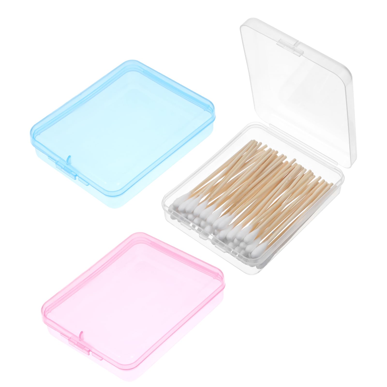 Dimeho 3 Pcs Portable Travel Cotton Swab Holder, Qtip Travel Case Small Hair Tie Container Cosmetic Sponge Storage Organizer Bathroom Cotton Pad Holder Flosser Dispenser with Lid (Clear/Blue/Pink)