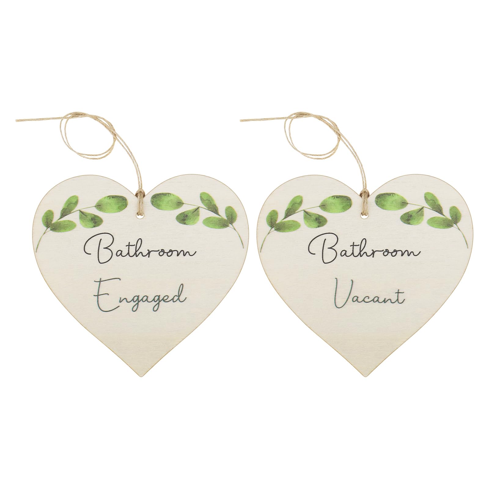 SG Store 2pcs Hanging Signs for Bathroom Double Sided Wooden Heart Shaped Sign Leaf Accents Bathroom Door Handles Includes Hanging Ropes