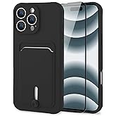 MZELQ TPU Wallet Compatible with iPhone 16 Pro Case, Card Holder Camera Protection Cover + Screen Protector, Push-able Slot for Girls Women -Black