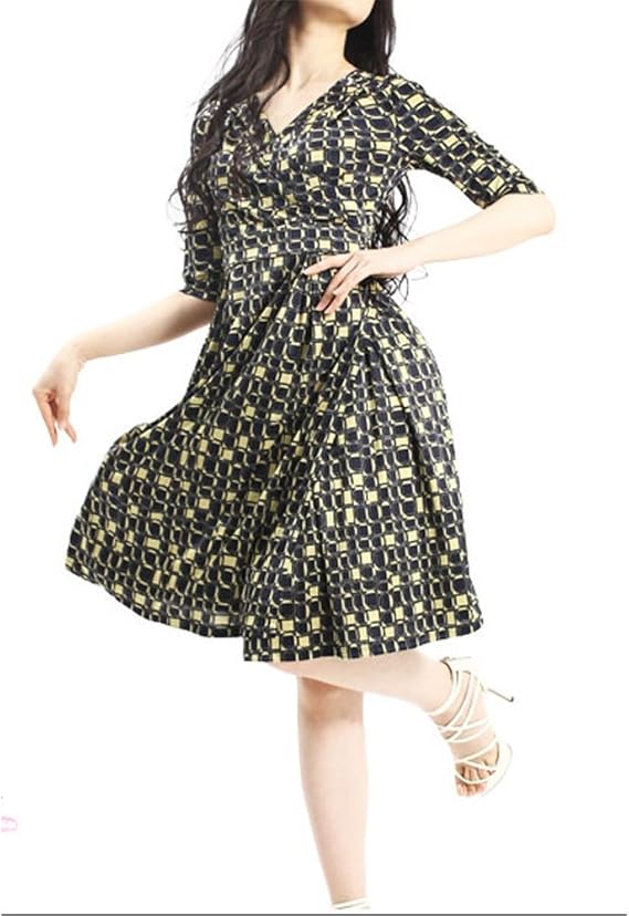 Amazon エレガント カシュクールフレアーワンピース 半袖 膝丈 ラップワンピ ブラック イエロー 新品未使用アウトレット品 ワンピース チュニック 通販