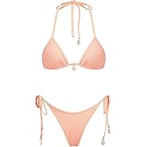 VOLAFA Women's Triangle Bikini Set Multiway Fishnet Tie Side Halter String Solid Cheeky Two Piece Swimsuit Bathing Suit