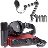 Focusrite Scarlett 2i2 Studio Podcast Bundle with Boom Arm &amp; Pop Filter | Ready-to-record XLR voice rig - CM25 MkIII cardioid condenser, SH-450 closed-back cans, desk-clamp arm, 6-inch screen