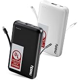 Miady UL Listed 2-Pack Small Portable Charger 5000mAh Power Bank for Travel | 18.5Wh丨Built-in 2 Cables丨3 Outputs 2 Inputs丨Compatible with iPhone Android etc丨Flight-Safe丨for Backpack Campingl丨Black+White