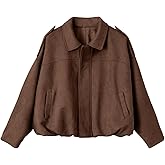 EVALESS Womens Faux Suede Bomber Jackets Long Sleeve Spring Coats Zip Up Cropped Jacket Trendy Outerwear with Pockets