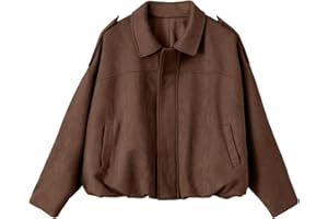 EVALESS Womens Faux Suede Bomber Jackets Long Sleeve Fall Coats Zip Up Cropped Jacket Trendy Winter Warm Outerwear