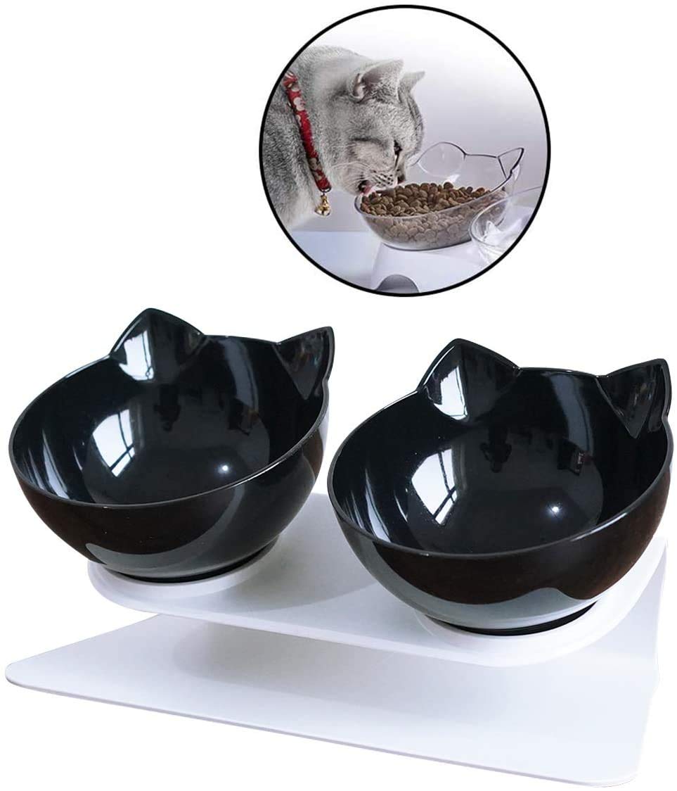 Linseray? Cat Bowl with Raised Stand, 15°Tilted Platform Cat Feeders Anti-Slip Transparent Cat Food and Water Bowl Detachable Pet Bowl for Cats and Small Dogs, Black
