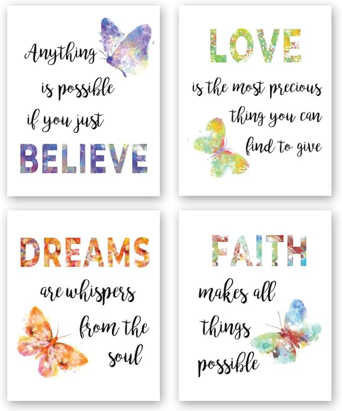 Watercolor Butterfly Inspirational Quote Wall Art Print-- Office or Classroom Bedroom Decor--Love Believe Faith Dream Butterflies Saying Canvas Print ( Set of 4 )--Unframed--8X10 inch