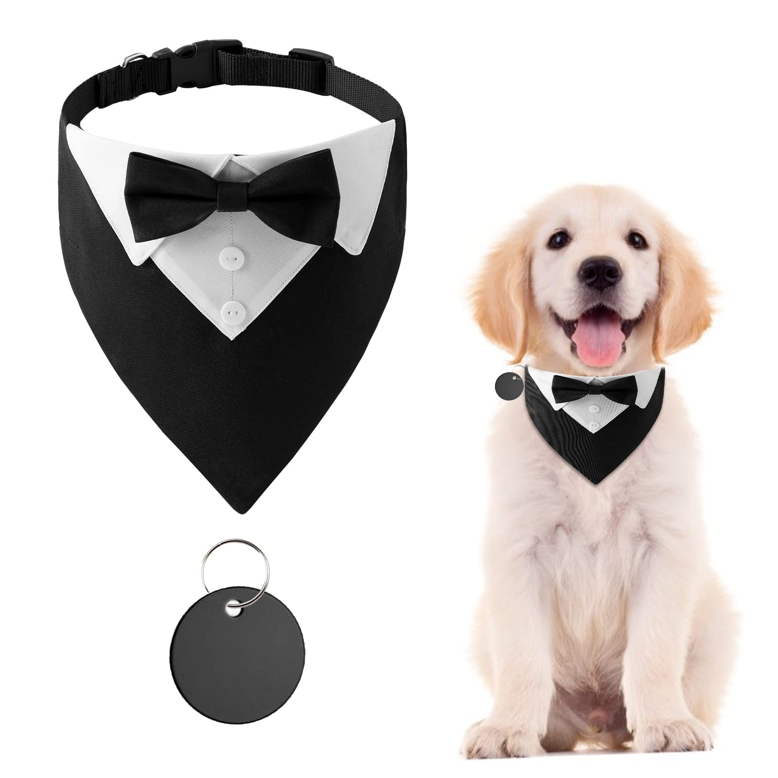 URROMA 1 Piece Formal Dog Tuxedo Bandana, Dog Wedding Collar with Bow Tie and Neck Tie Adjustable Black Pet Costume Bowtie Neckerchief for Small Dogs and Cats, M