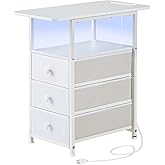 DALEMHOME Narrow End Table with Charging Station, Narrow Side Table with 3 Fabric Drawers, Slim Nightstand with LED Light, Small Table with Storage, Living Room, Bedroom, White HKET1303WT