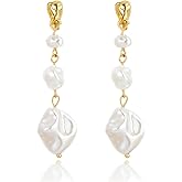 Baroque Pearl Pendant Clip Earrings Long Drop Clip-on Earrings for Women Gold Plated White Imitation Pearl Non-Pierced Earrings