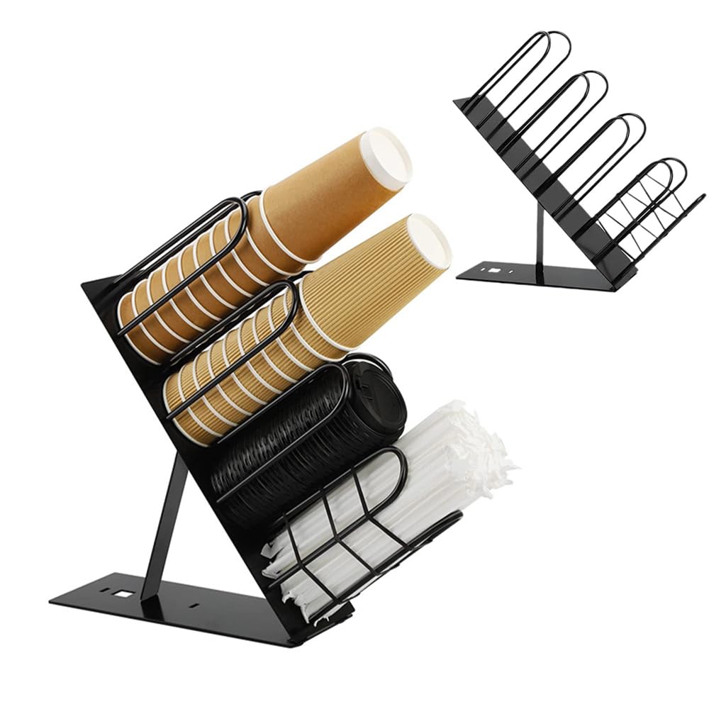 Niciksty 4-Compartment Adjustable Coffee Cup Dispenser, Black Metal Countertop Cup Holder for Home Office, Kitchen, Dormitory