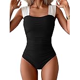 B2prity Womens One Piece Swimsuit Retro Square Neck Tummy Control Bathing Suits Ruched Modest Full Coverage Swimwear