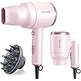 Wavytalk Blow Dryer with Diffuser, Mini Hair Dryer with Folding Handle, 1600W Quiet Lightweight Hairdryer with Diffuser Compact Design, Pinky White