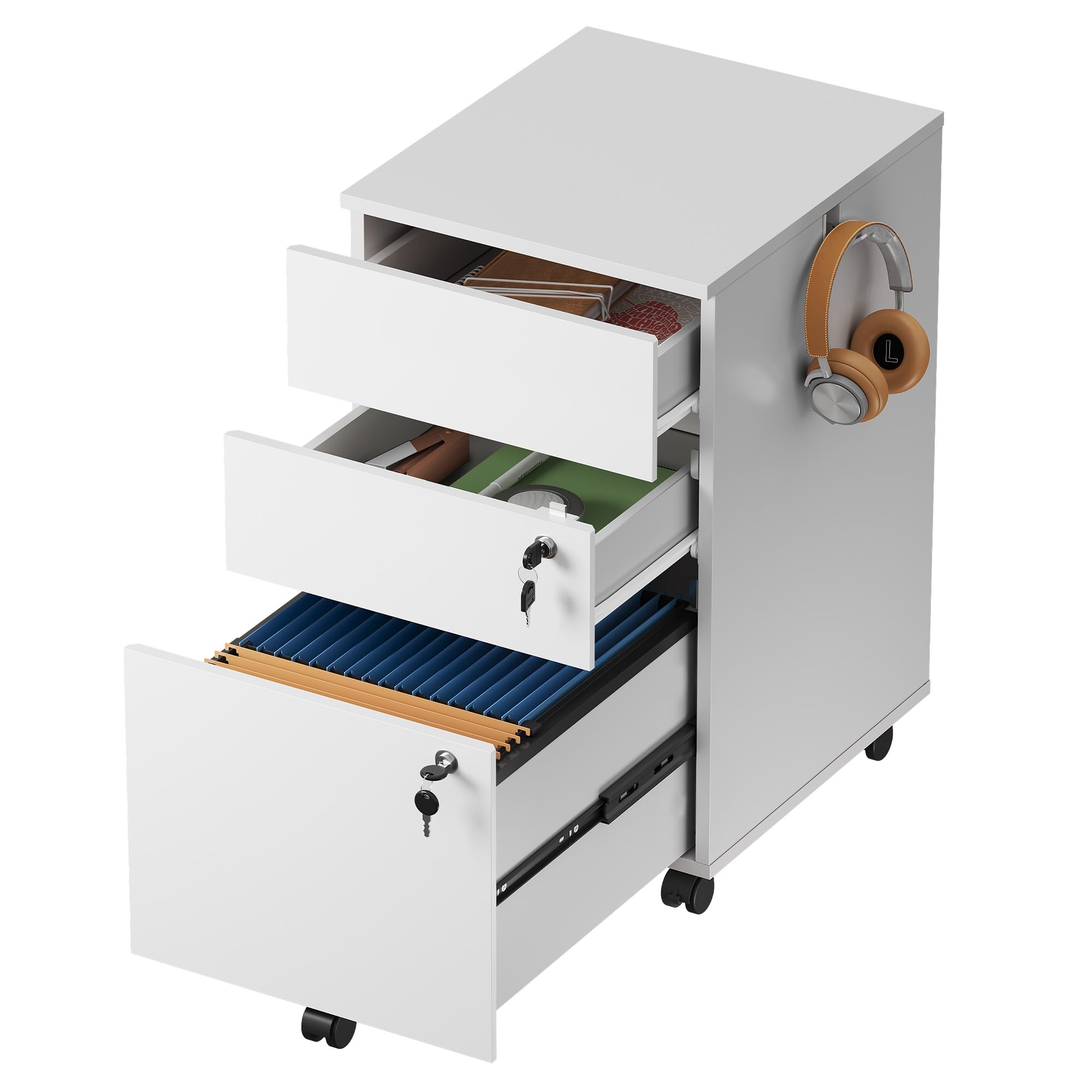 DEVAISE 3 Drawer Mobile File Cabinet with Lock, White Wood Rolling ...