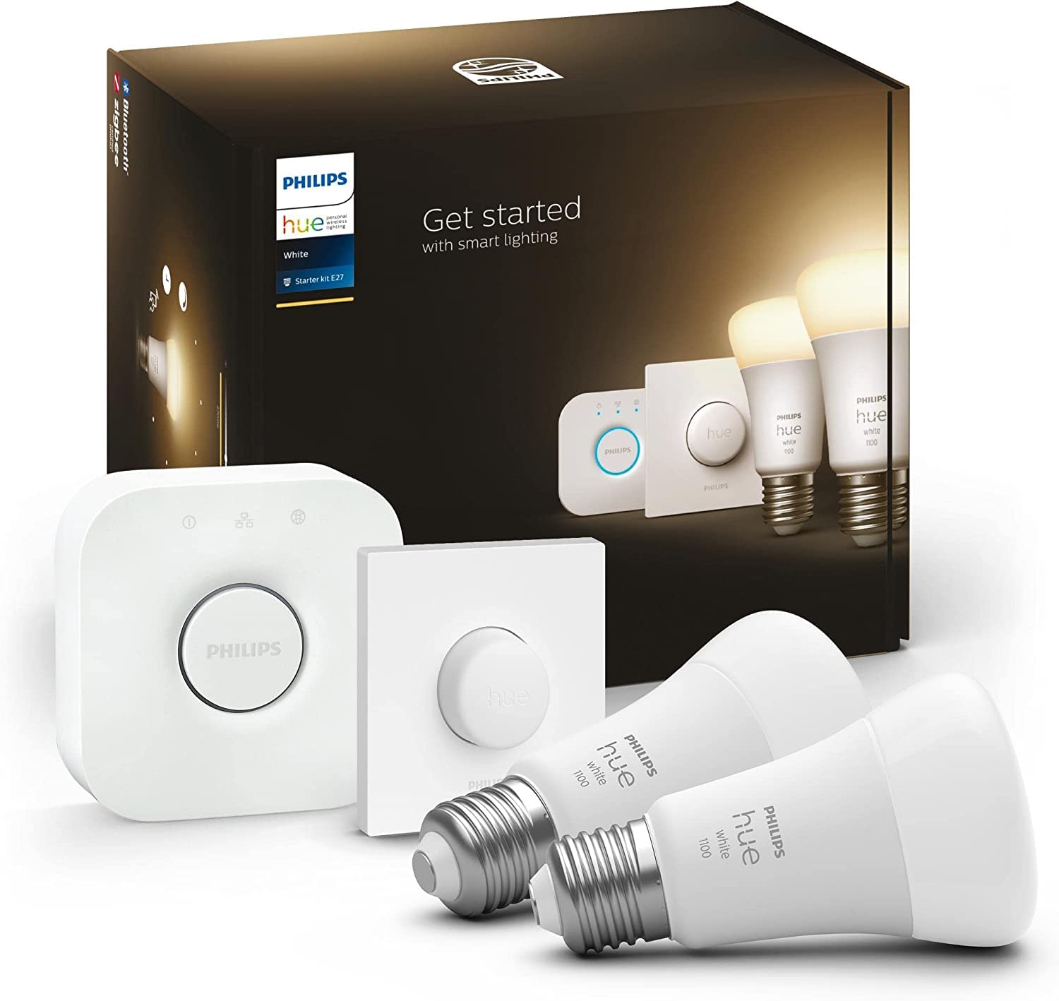 Philips Hue White Smart Light Bulb Starter Kit [E27 Edison Screw] 2 Pack + Smart Button. with Bluetooth. Works with Alexa, Google Assistant, Apple Homekit