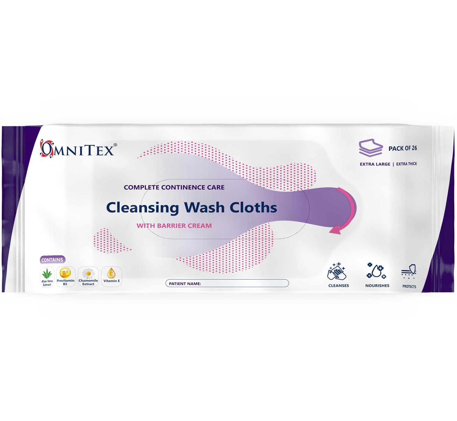 26x Omnitex Incontinence Cleansing Wash Cloths with Barrier Cream - Microwaveable | Rinse-Free All in One Continence Care Cleansing Wipes | Cleans Nourish Protect | With Aloe Vera, Vitamins | 1x 26pk