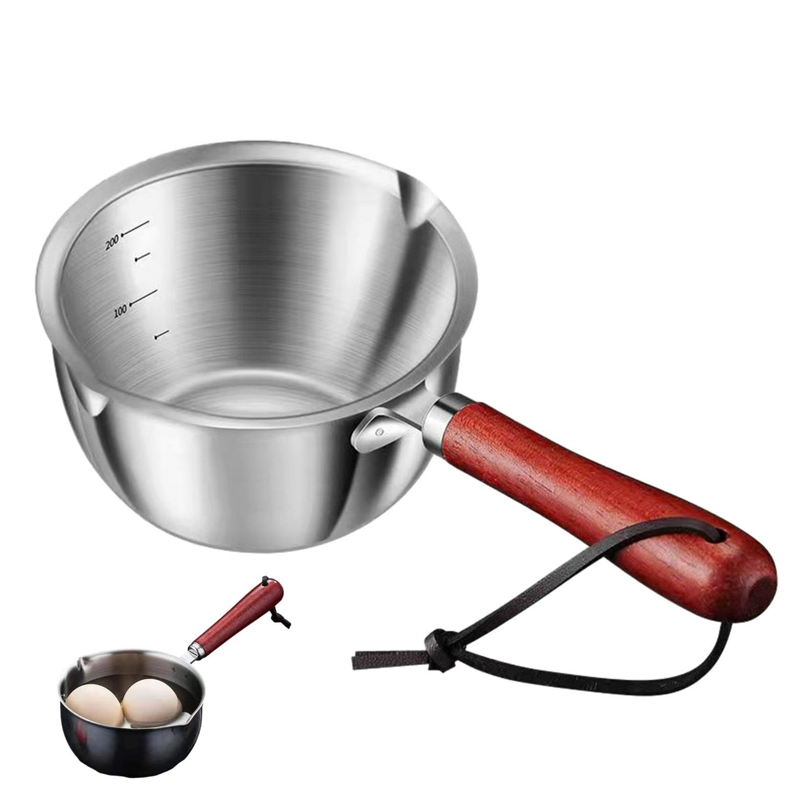 Laluky Butter Warmer Pot with Wooden Handle, Stainless Steel Milk Warmer, Multipurpose Saucepan Soup Pot Milk Pan, Small Cookware for Coffee Chocolate, Easy to Cook(Size:300ml)