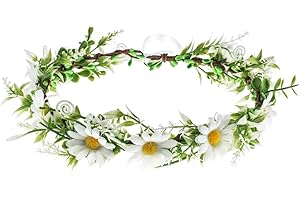 DDazzling Green Leaf Floral Crown Eucalyptus Flower Women Girls Headband Flower Headpiece Bridal Halo Photo Prop (Sunflower White)