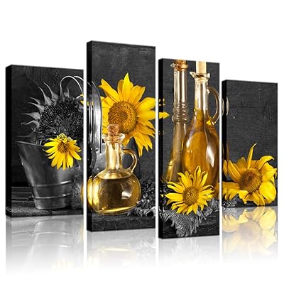 Buy Biuteawal 4 Panel Black And White Canvas Wall Art Wine With Yellow Sunflower Picture Painting Print Still Life Artwork For Home Dining Room Living Room Wall Decor Framed And Easy Hanging