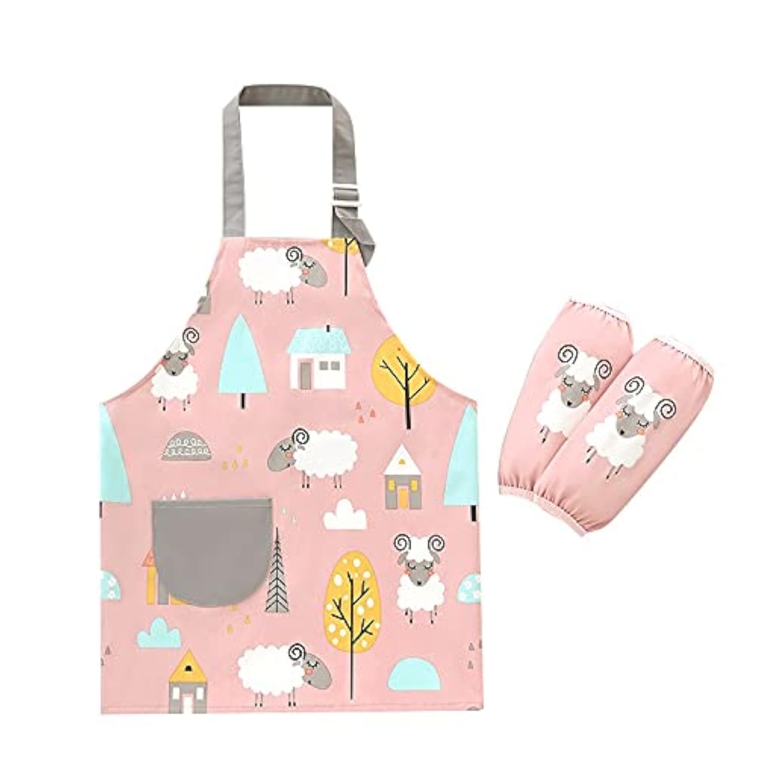 JZK Adjustable waterproof kids apron and oversleeve set, pink children kitchen apron with pocket for girl for school cooking, baking, painting, gardening apron