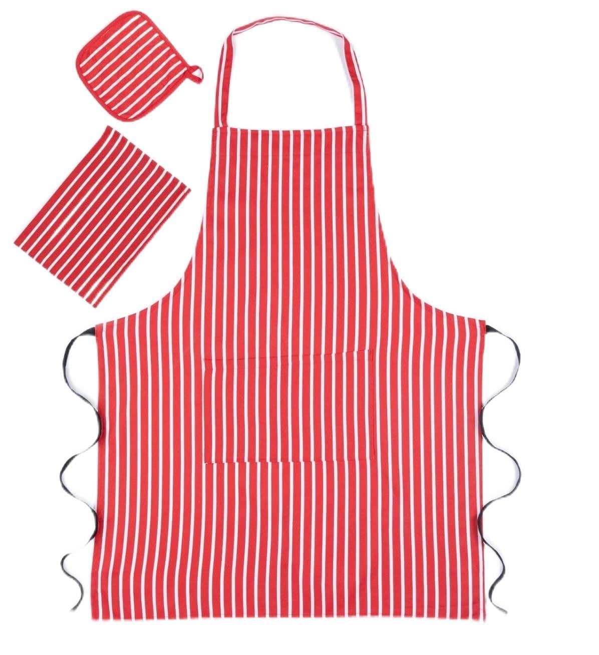 Casa D'Or Double Oven Gloves Set with Apron Heat Resistant Oven Mitts for Home Kitchen Baking and Cooking, Butchers Stripe Pot Pan Tray Double Oven Gloves Set (Red)