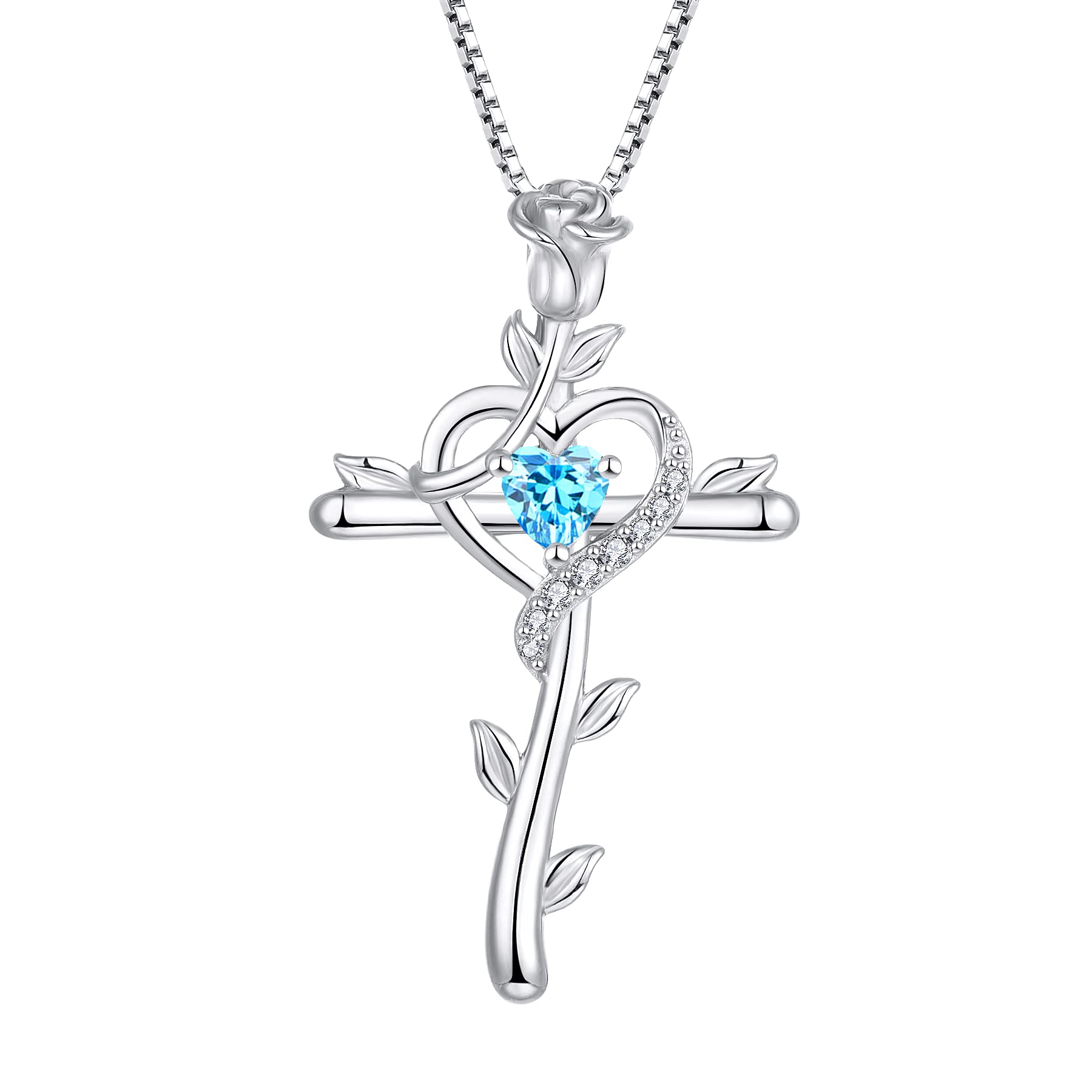 starchenie Cross Necklace 925 Sterling Silver Heart Birthstone Rose Crucifix Aquamarine Zirconia Pendant Jewelry Gift for Women