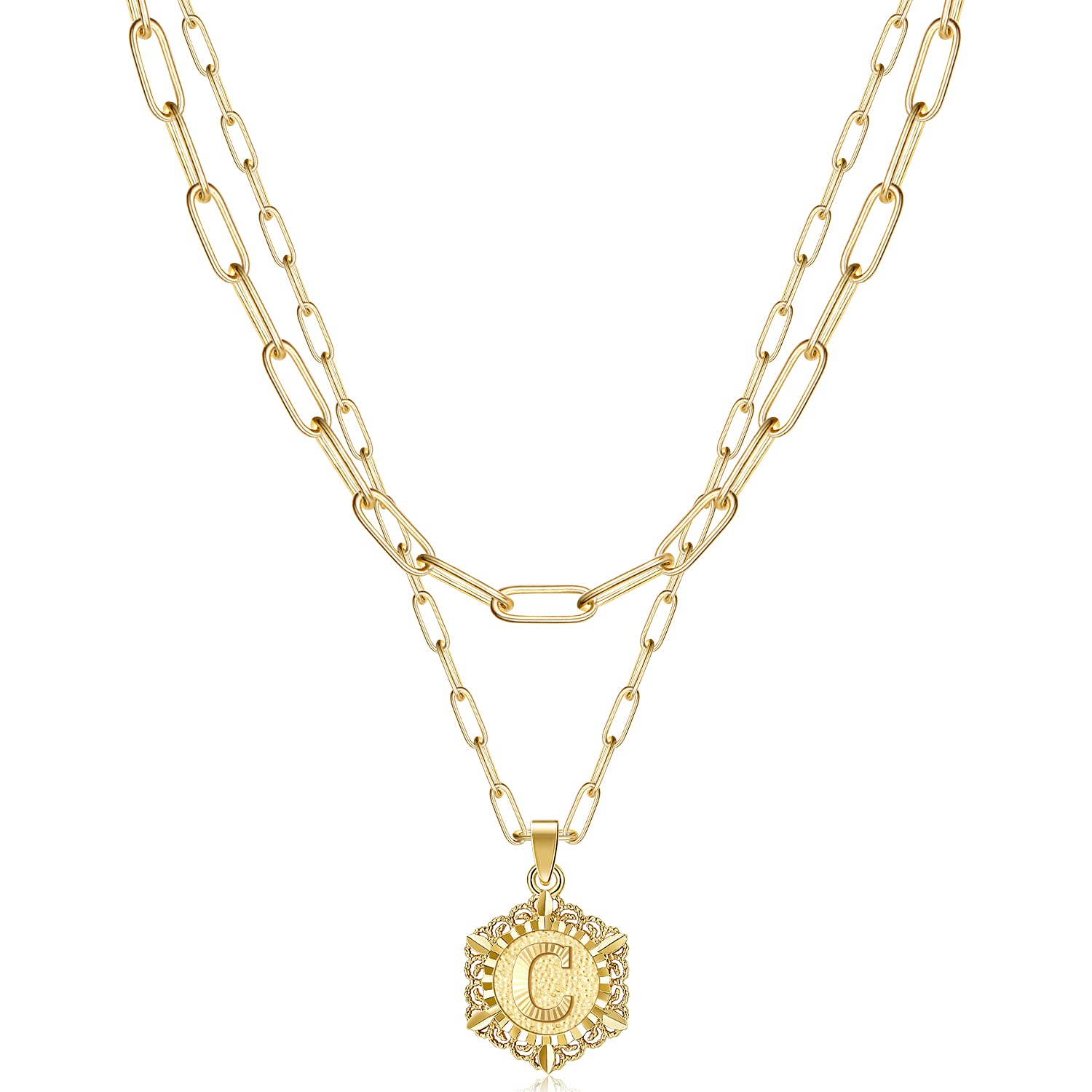 KissYan Initial Necklaces for Women, 14K Gold Plated Hexagon Letter Pendant Silver Chain Dainty Layered White Gold Paperclip Link Adjustable Capital A-Z Choker Necklace Trendy Jewelry Gifts