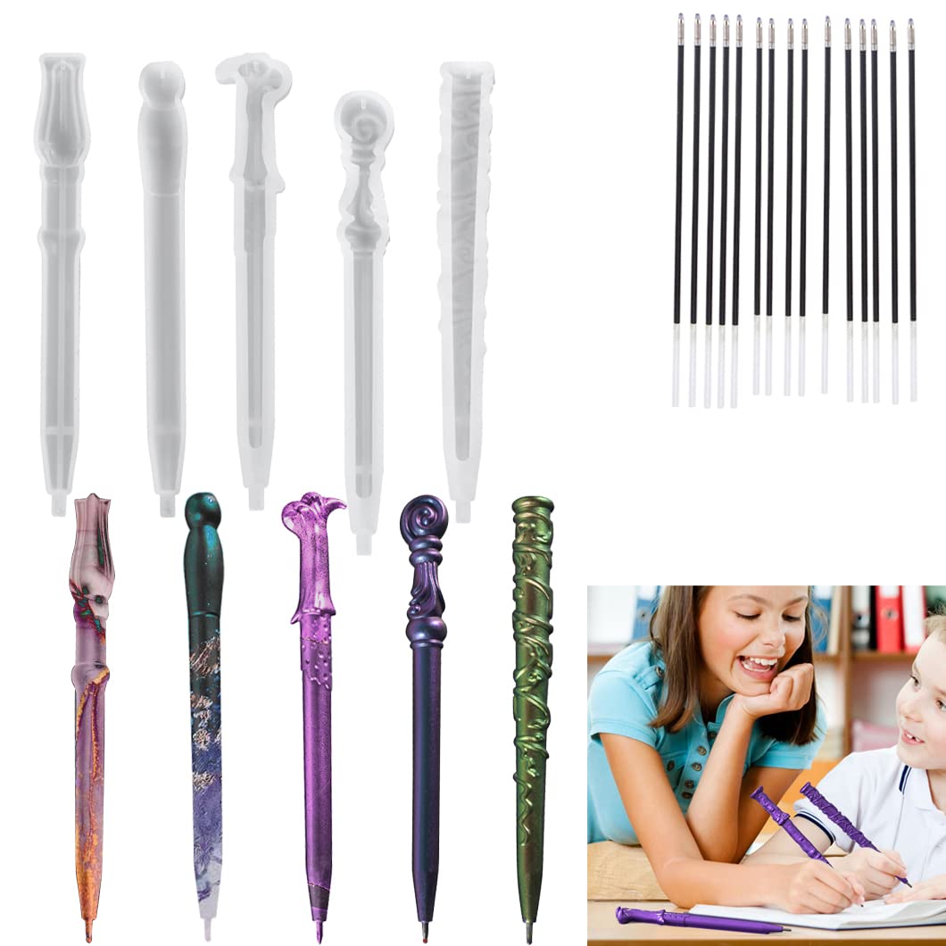 Koonafy 5pcs Pen Shape Resin Molds + 15pcs Refills, Resin Pen Mould Ballpoint Mould Epoxy Casting for DIY Art