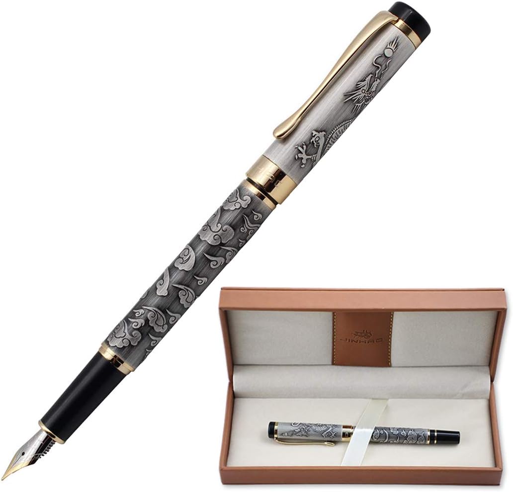 JinHao Dragon - Pluma estilográfica con punta fina y caja de regalo de cuero