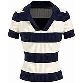 CIDER Striped Sweater Women Knit Polo Crop Top Short Sleeve Regular Fit Casual Polo Neck Striped Knitwear