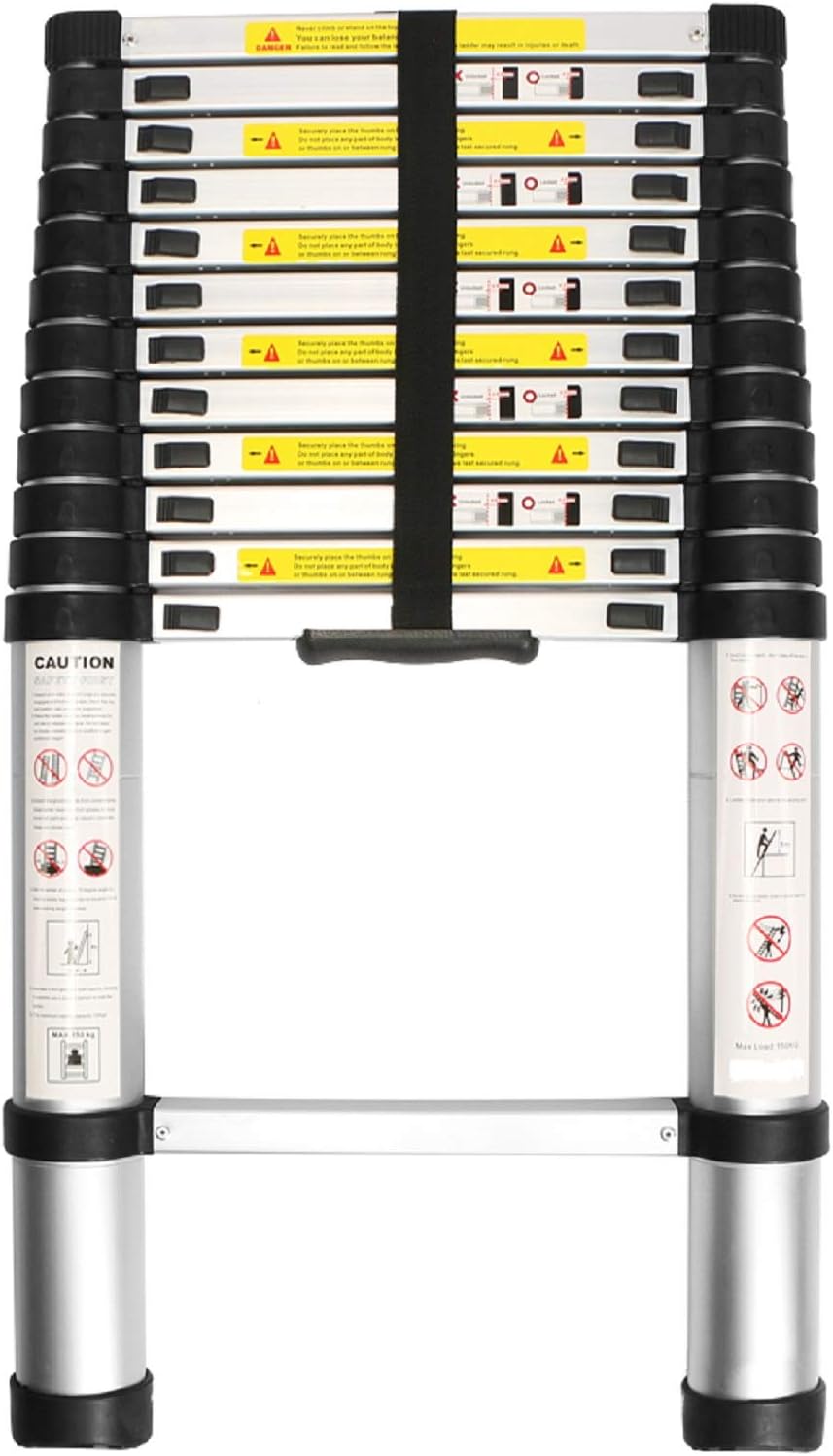 WolfWise 3,8M Teleskopleiter, Rutschfester Klappleiter Stehleiter Mehrzweckleiter aus hochwertiges Aluminium, 150 kg/330 Pfund Belastbarkeit, Schwarz