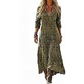Women's Bohemian A-Line Maxi Dress, Vintage Floral Print Long Sleeve Loose Fit Flowy Casual Dress for Spring Summer