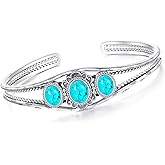 DOLIOX Genuine 3 Turquoise Stone Large Bracelet, Sterling Silver Boho Adjustable Bangle Cuff Native American Jewelry for Women, Fit for 6.5 7 7.5 Inches
