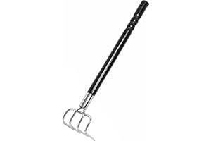 GARDEN HELPER Japanese Garden Rake Cultivator Long Handle 19" Heavy Duty Japanese Steel 4 Claw Wood Handle, Made in Japan, Hand Cultivator Tool for Digging, Weeding, Cultivating, Silver