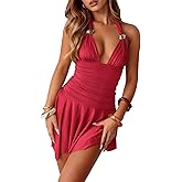 Women Sexy Halter V Neck Mini Dress Flowy Irregular Ruffle Hem Backless Summer Dress Ruched Cocktail Party Dresses